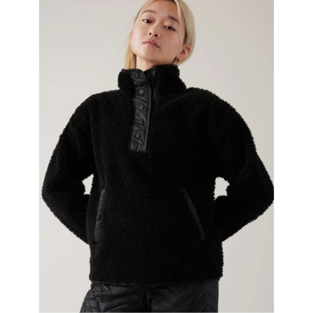 Athleta Black Cozy Sherpa Snap Sweatshirt Relaxed Fit Oversized Boxy Size Small